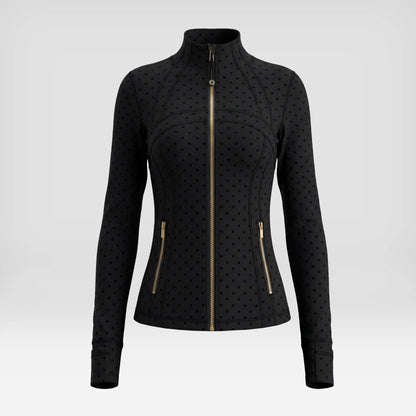 Women Summer Clothes Long Sleeve Zip up Jacket, Stand Collar Polka Dot Textured Slim Fit Athletic Track Jacket Short Skirt or Shorts, Nylon Spandex Brushed Fabric Stretchy Workout Outerwear for Yoga Gym Running Tennis Golf