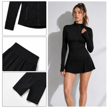 Women Summer Clothes Long Sleeve Zip up Jacket, Stand Collar Polka Dot Textured Slim Fit Athletic Track Jacket Short Skirt or Shorts, Nylon Spandex Brushed Fabric Stretchy Workout Outerwear for Yoga Gym Running Tennis Golf