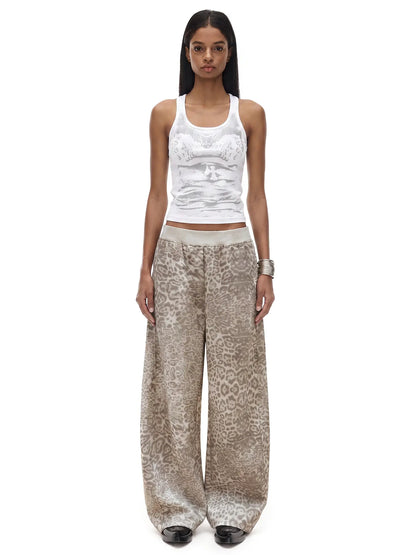 FDR Women'S Leopard Print Wide Leg Sweatpants, Retro Baggy Relaxed Fit with Elastic Waist, Soft Casual Streetwear Pants, Vintage Y2K Style for Everyday Wear, Travel and Lounge