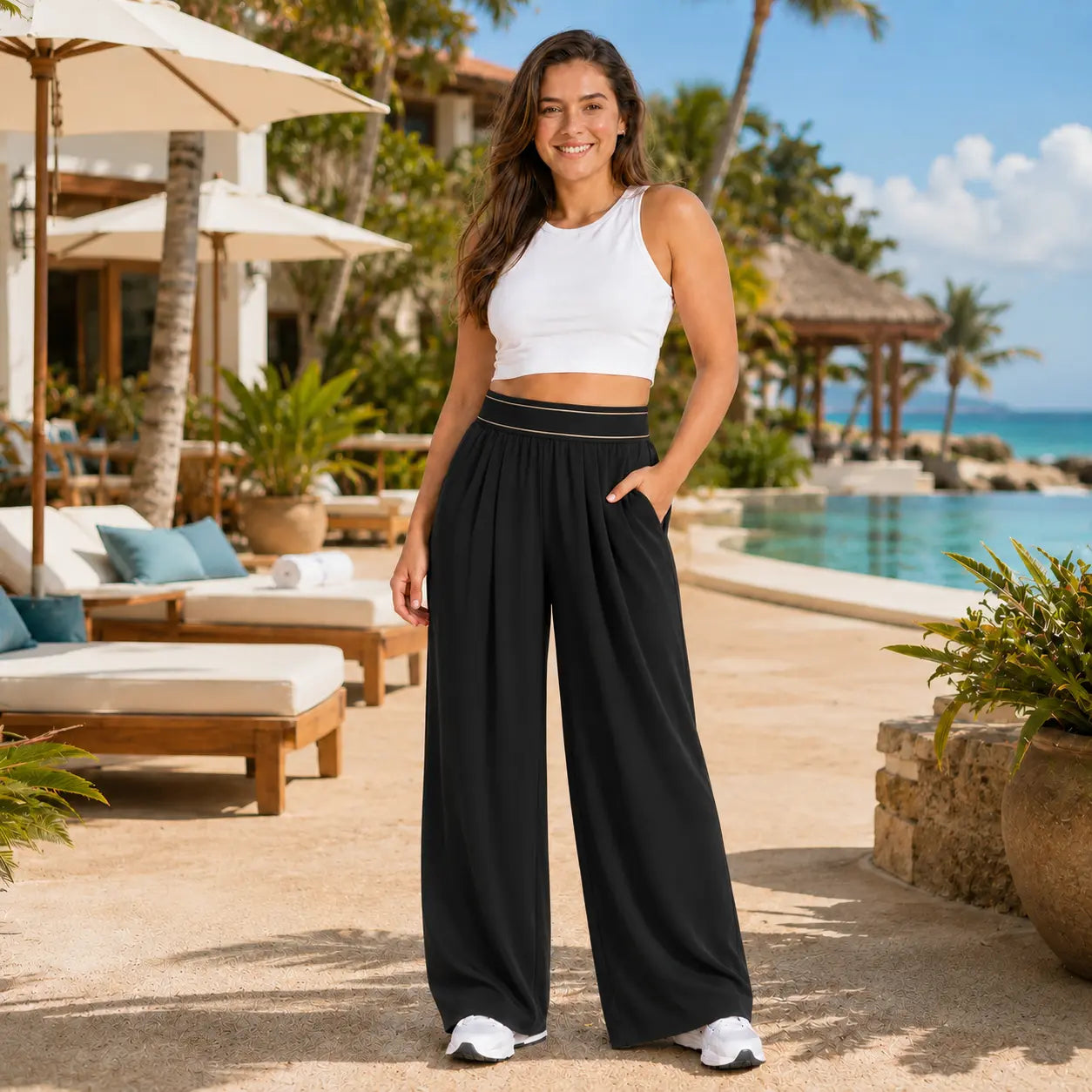 Elevate Your Style with Our Black High-Waisted Wide Leg Palazzo Pants - Perfect for Beach Vacations, Yoga, and Everyday Comfort!