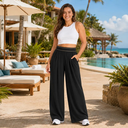 Elevate Your Style with Our Black High-Waisted Wide Leg Palazzo Pants - Perfect for Beach Vacations, Yoga, and Everyday Comfort!
